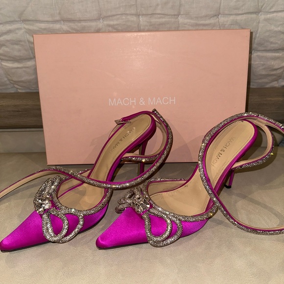 MACH & MACH Fuschia Strass Bow Double Ankle-Strap Pumps - Picture 8 of 13